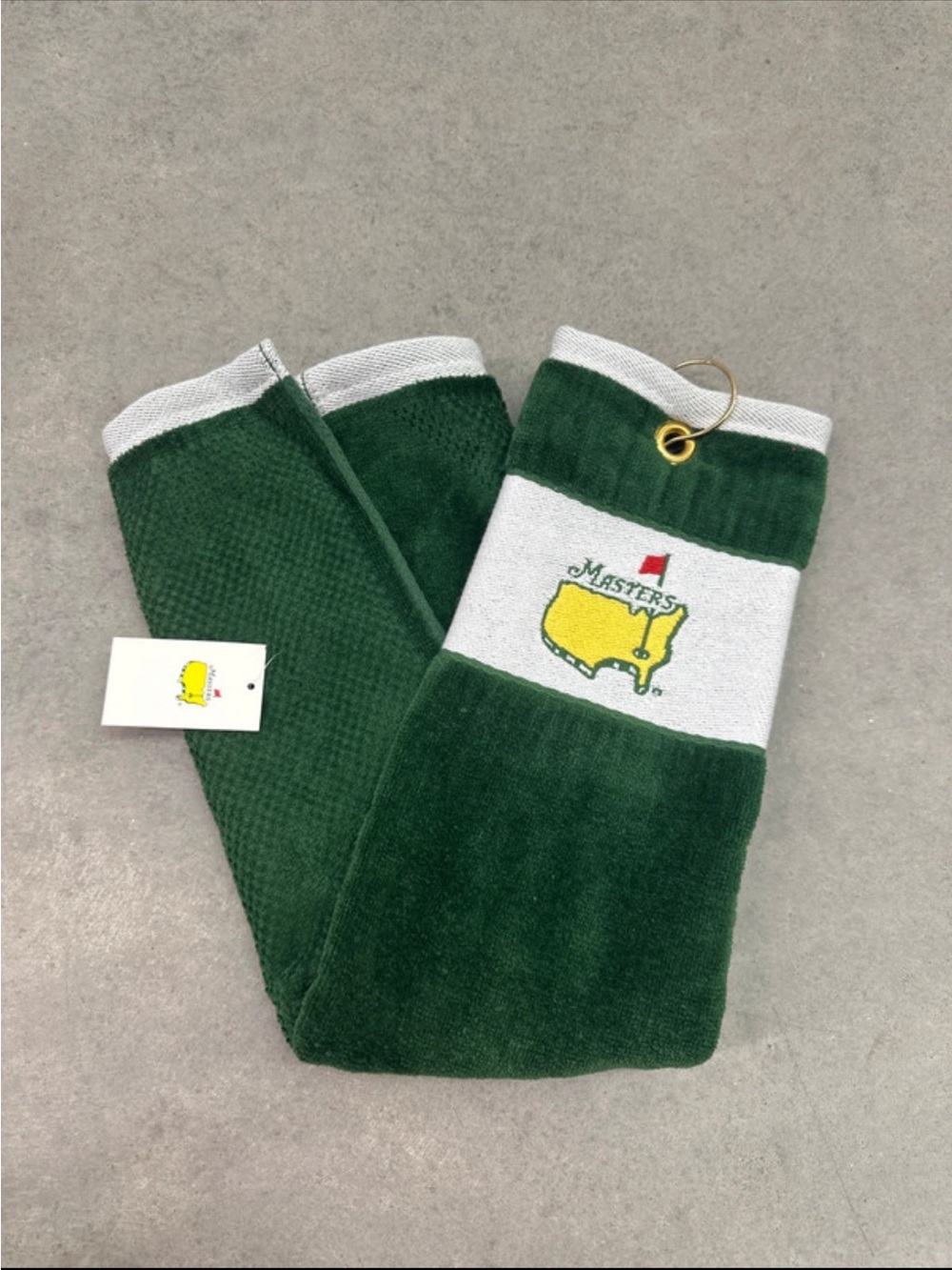 Masters Green and White Athletic Golf Towel with Yellow Logo
